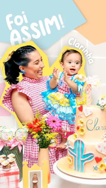 Helô e a filha bebê numa festa colorida de aniversário